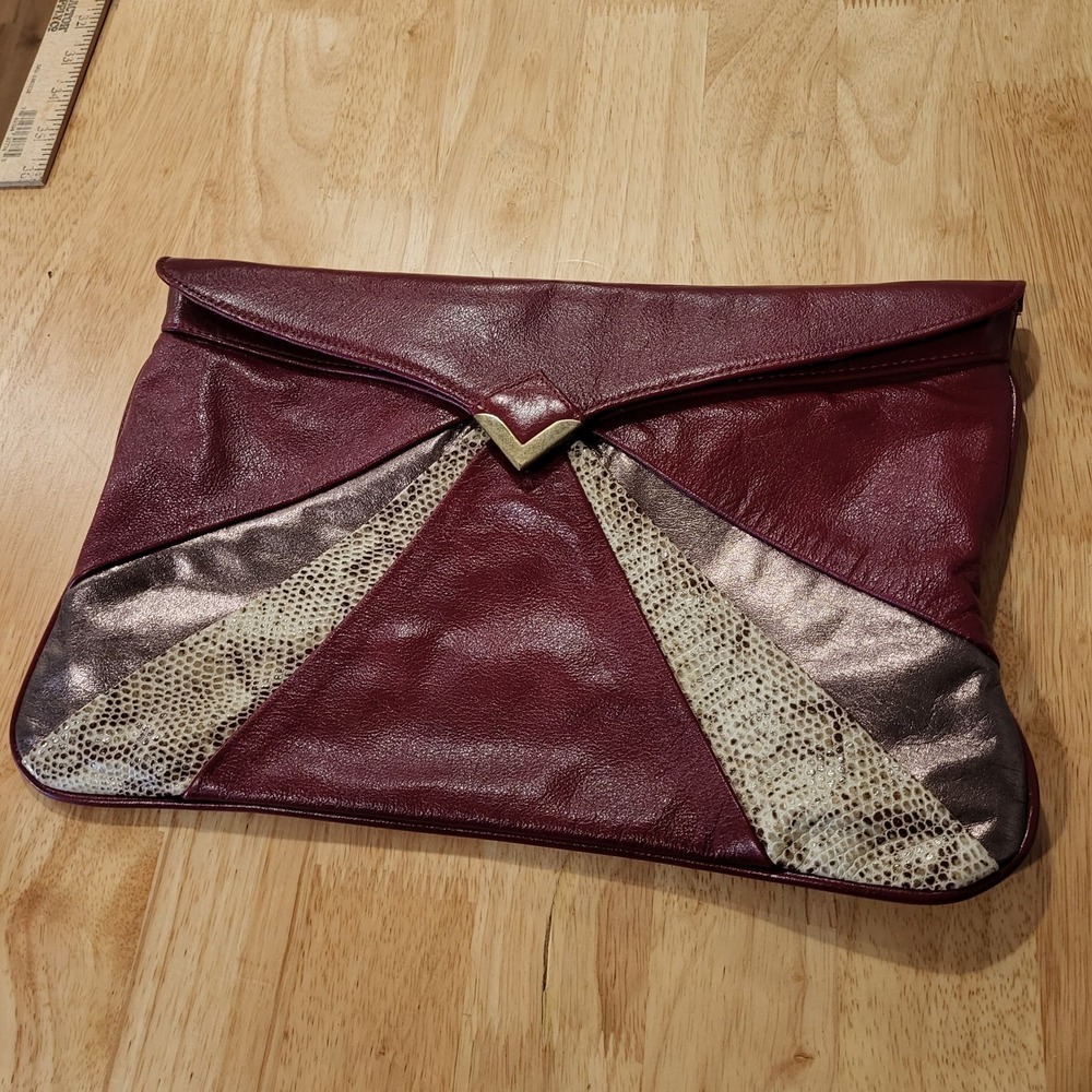 Maroon And Snake Leather Envelope Clutch Bag Silver Magnetic Closure